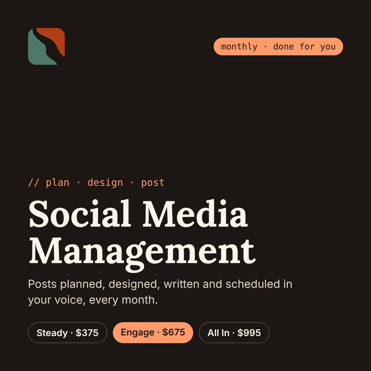 Social media management starting at $375.00 per month. 